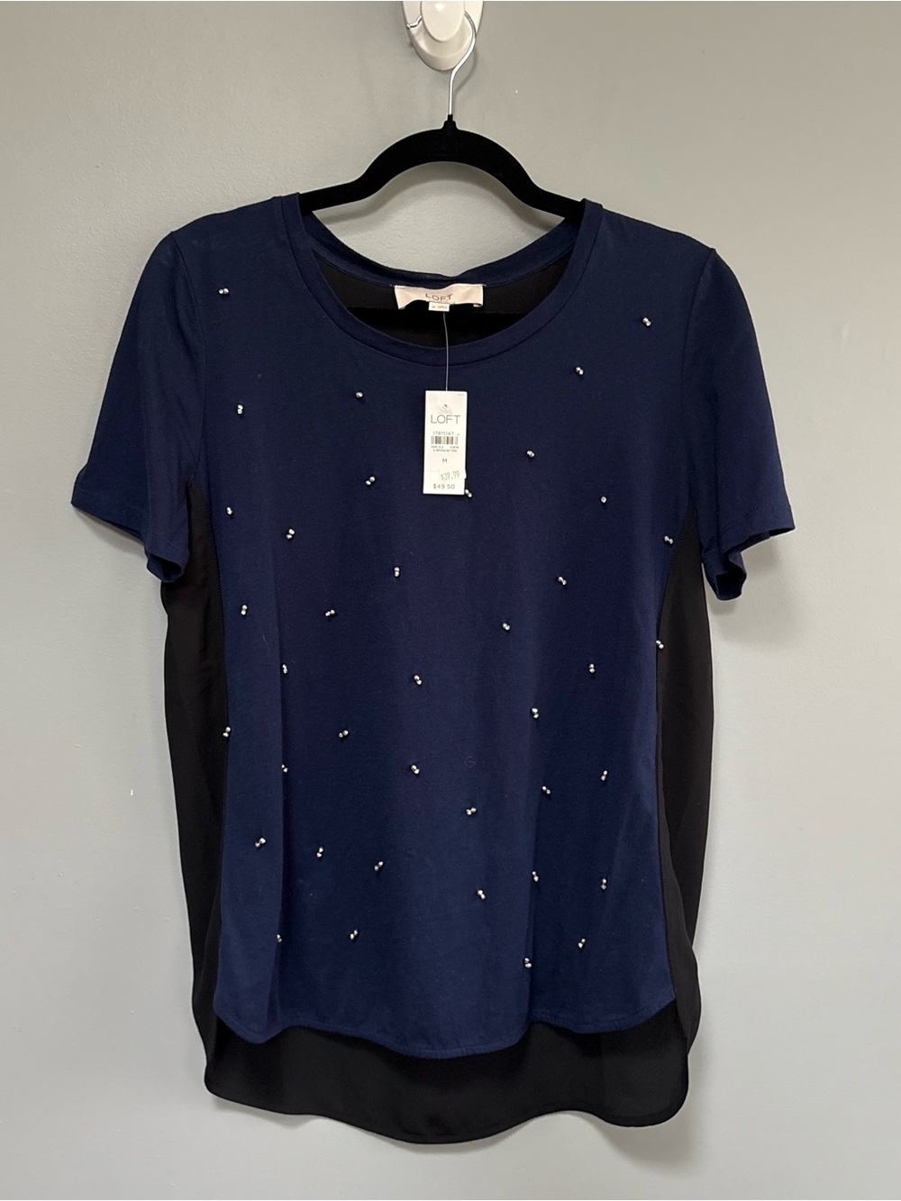 LOFT Navy Beaded Gem Short-Sleeve Women's‎ Top Size M Black Sheer Back NWT